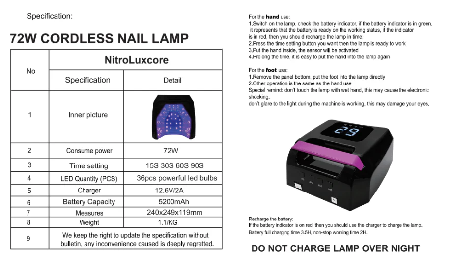 Luxcore 72W Cordless UV/LED Nail Lamp – Professional Rechargeable Nail Curing Lamp - Image 6